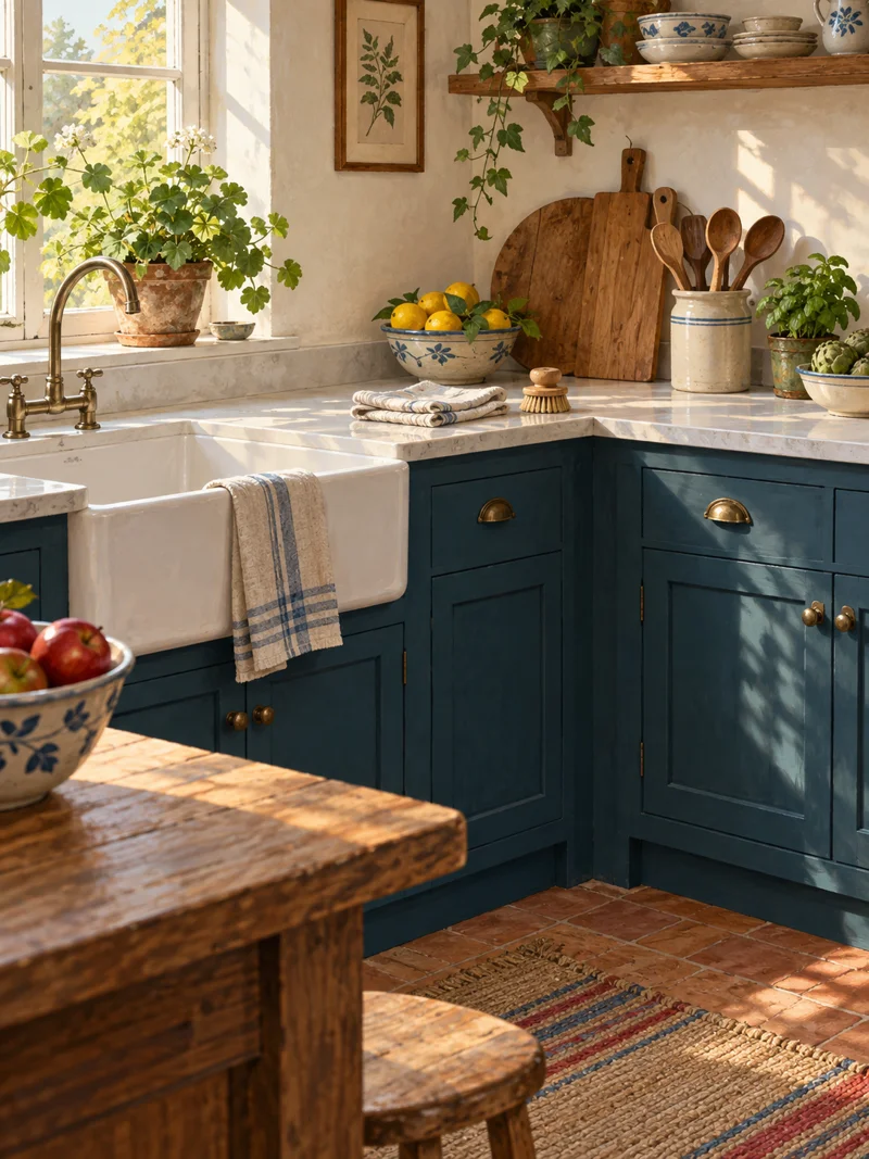 Handbook illustration of a kitchen with blue cabinets, a clear counter, and well-kept household objects