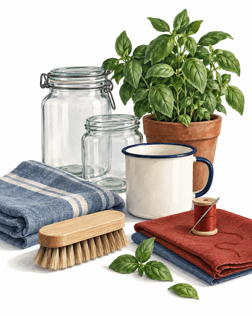 Illustration of useful household objects: jars, a brush, linen, thread, an enamel mug, and basil